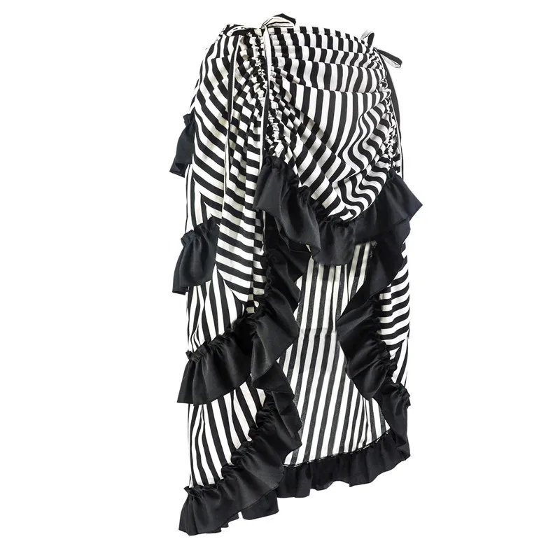 Черно-белая полосатая асимметричная длинная пиратская юбка с оборками в стиле