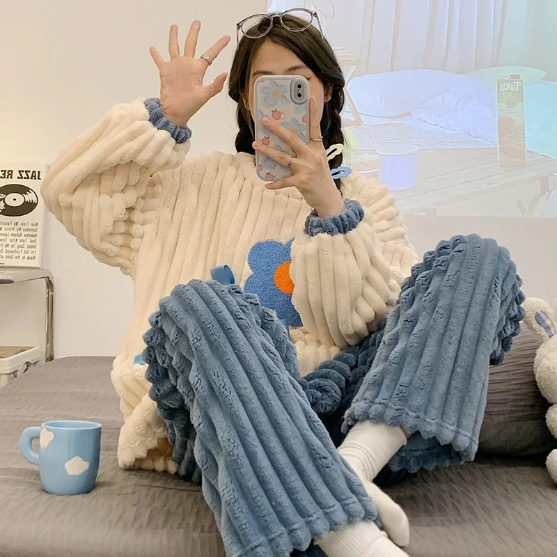 Женские Фланелевые пижамы размера плюс утолщенные из кораллового бархата