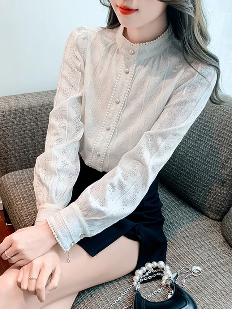 Женская Офисная рубашка элегантная белая блузка с длинным рукавом и высоким