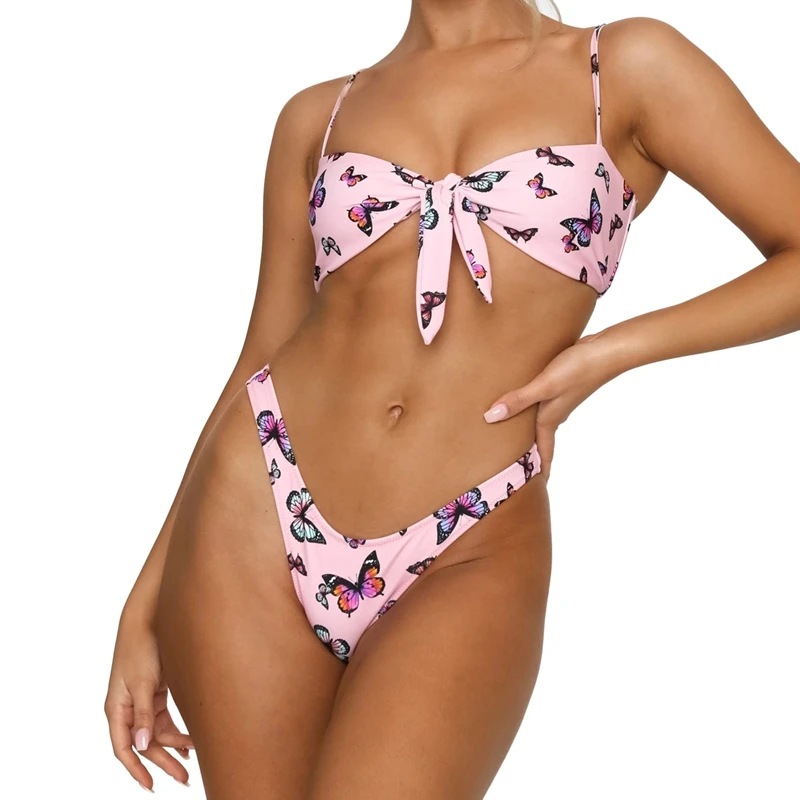 

Women's Split Bikini Ladies Swimsuit Butterfly Print Knotted Swimsuit Set Pink