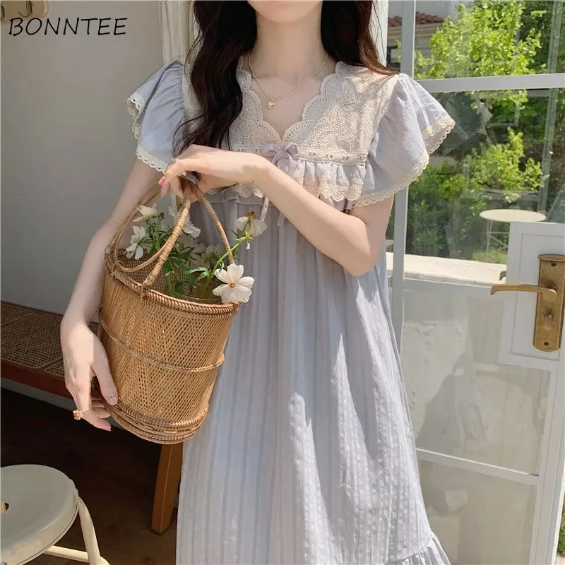 

Nightgowns Women French Lounge Sweet Summer Mid-calf Patchwork Thin Homewear V-neck Clothing Lace Ruffles Simple Casual Daily