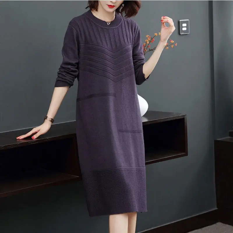 

Women O Neck Knitted Dress Spring Autumn Solid Casual Elegant Sweater Dress Clothes Warm Loose Baggy Pullover Dresses K287