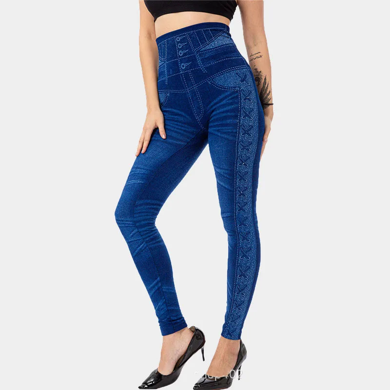 Women's Leggings High Waist Slim Pants Faux Jeans Print 2022 Spring Autumn Fashion Streetwear Female Casual Pencil Trousers