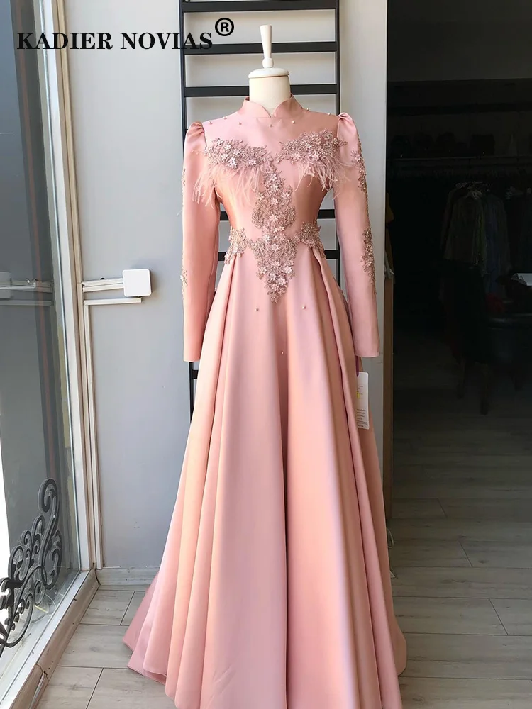 

Роскошные мусульманские розовые вечерние платья с длинным рукавом из Турции 2023 вечернее платье с высоким воротом для выпускного вечера