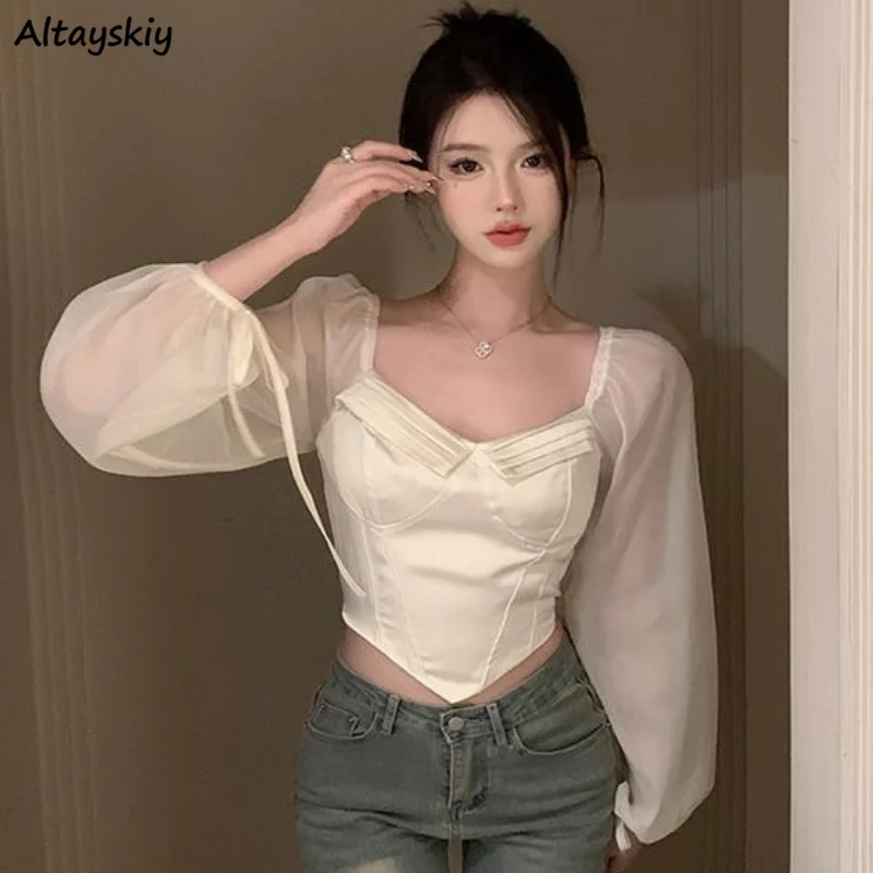 

Blouse Women Mesh Patchwork Sweet Crop Tops Casual Spring All-match Daily Slim Korean Style Lantern Sleeve Young Basic Design