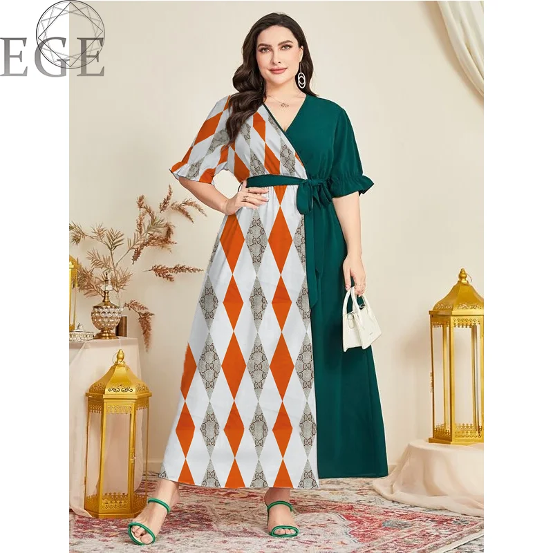 Plus Size Contrasting Color Loose Dress 5XL6XL Geometric Print Long Dress Elegant Casual Commuting Plus Size Women's Clothing