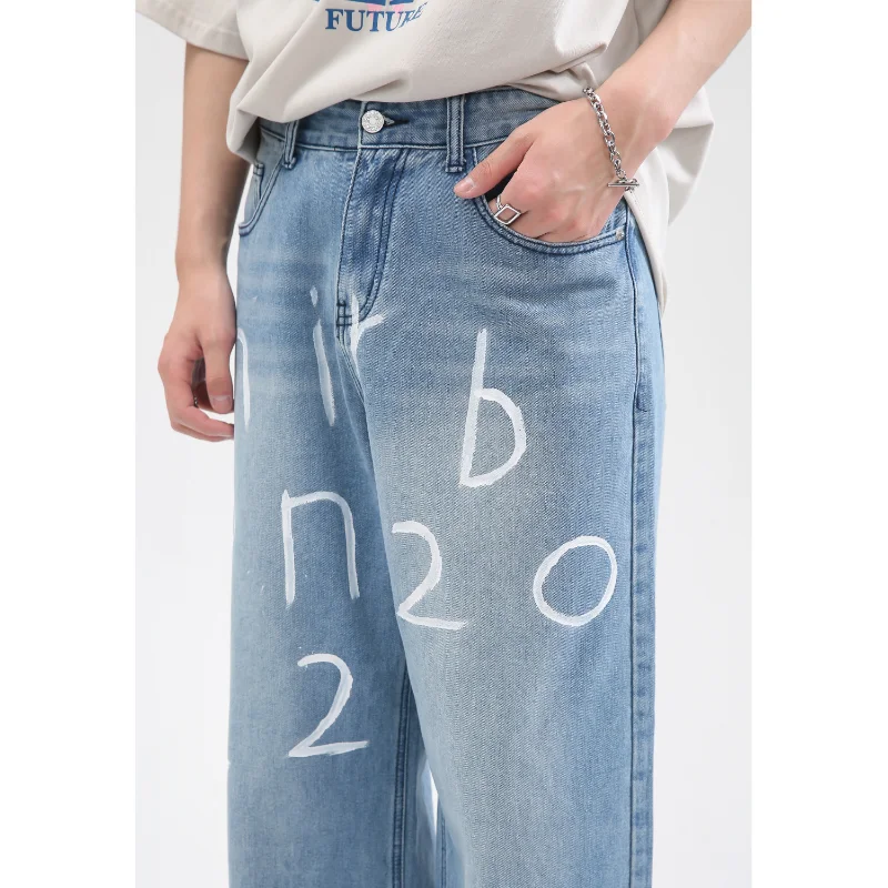 2022 New Four Seasons New Korean Version Loose Letter Hand-painted Design Jeans Men Fashion Man Pants Retro Cargo Pants Men