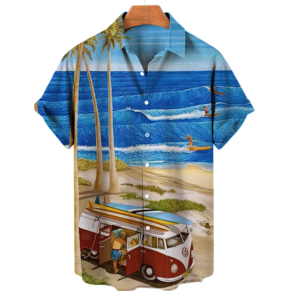 2023 Summer The Ship Clothes Oversize Tops Hawaiian Short Sleeve Graphic Elegant Car Ocean Mickey Surf Harajuku Men's T-shirt