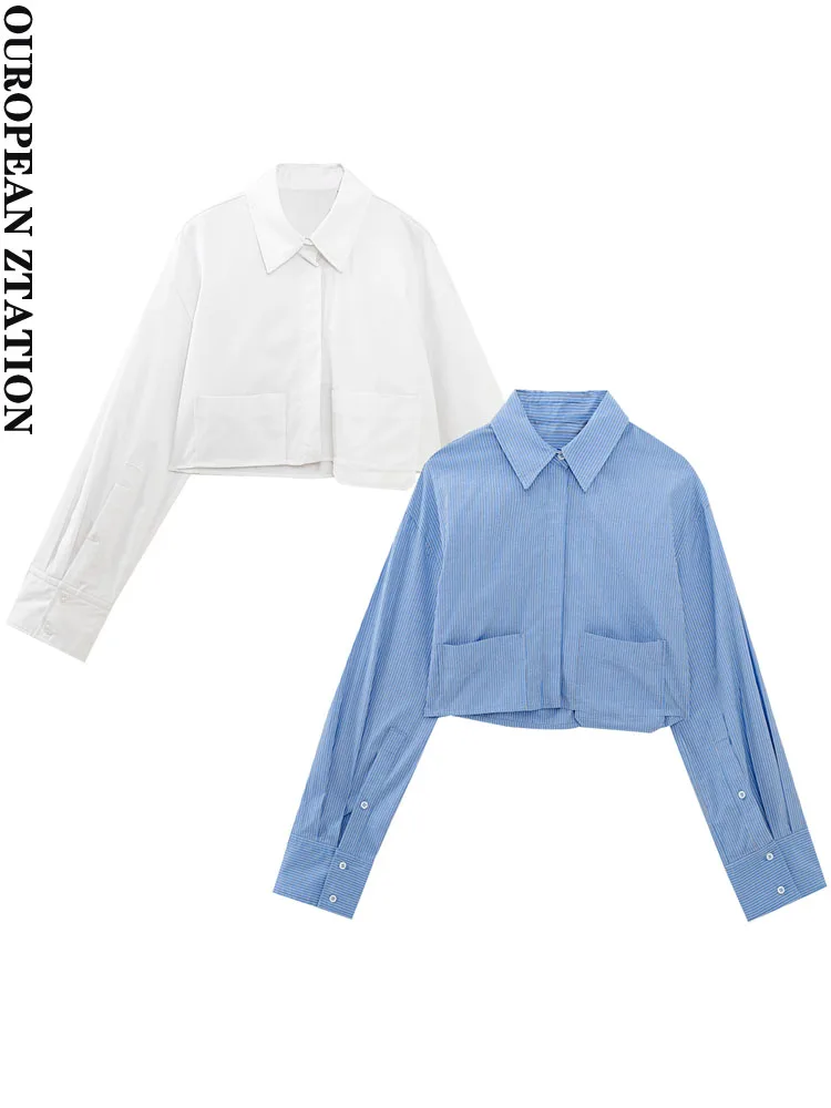 

PAILETE Women 2023 fashion patch pockets cropped poplin shirts vintage long sleeve button-up female blouses blusas chic tops