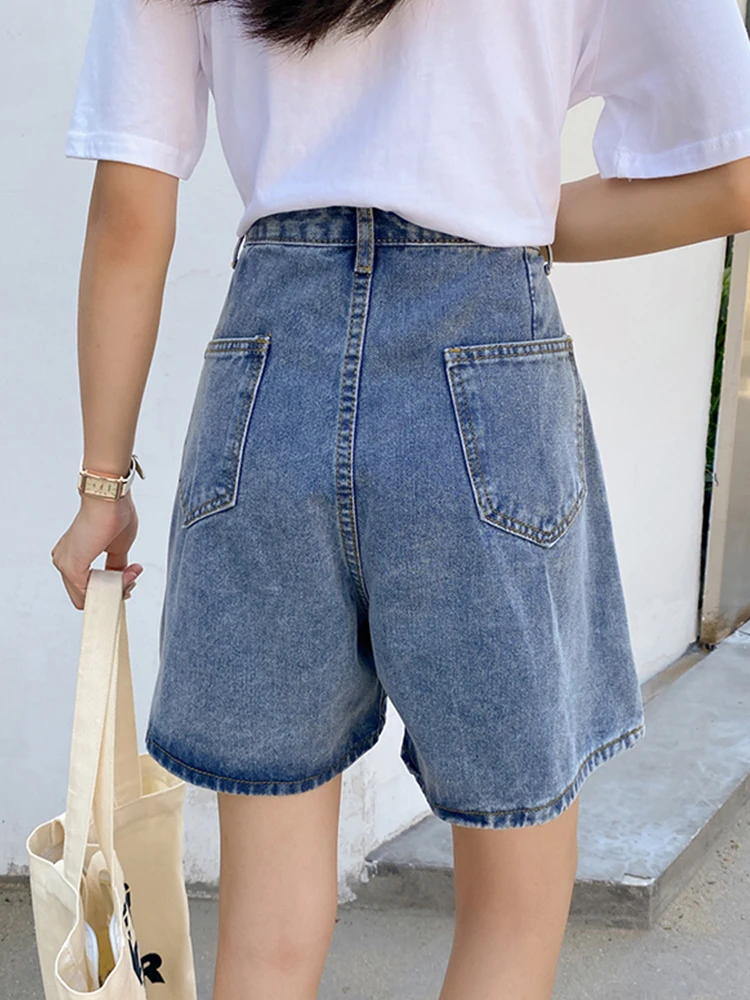 New Spring Summer Women High Waist Loose Blue Denim Shorts Casual Female Wide Leg Button Jeans Shorts Ladies Bottoms