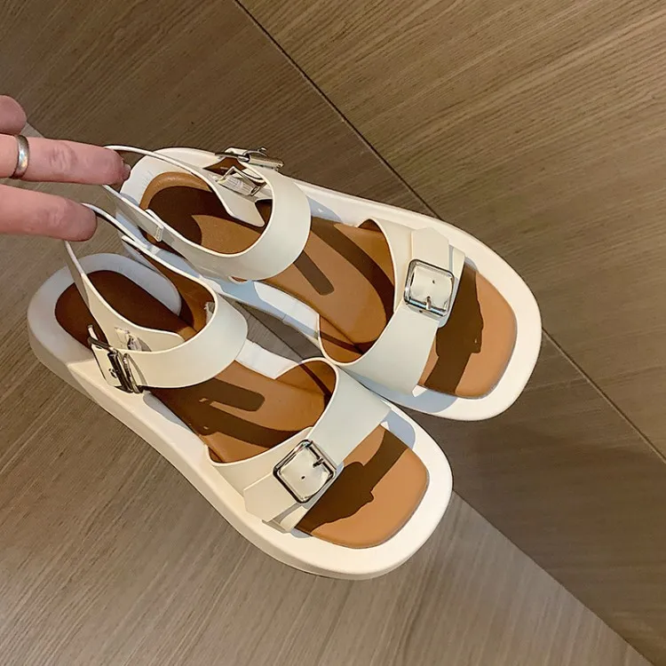 

Ins Fashion 2022Summer White Flats Sandals Cow Leather Platform Thick Sole Beach Sandalias Square Metal Buckle Sapatos Femmes