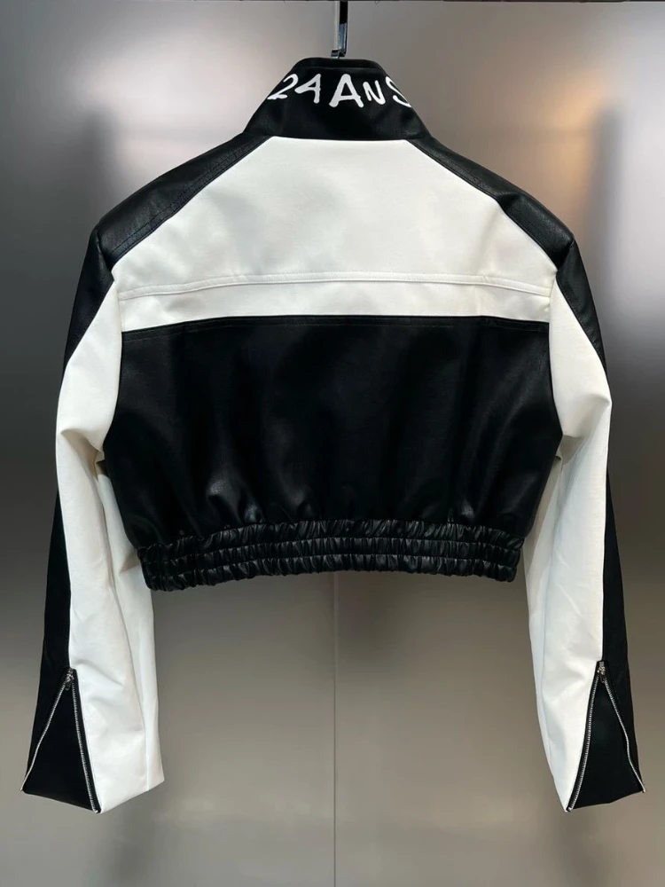 Women's Moto Biker Zipper Jacket Letter Print Black and White PU New Outerwear Jackets for Women 2023 Loose Short Leather Jacket