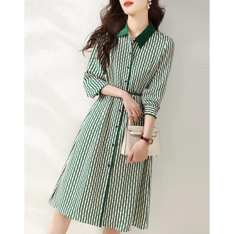

Women Patchwork Striped Dress For Spring 2023 New Office Lady Turn Collar Single-Breasted Pullover Slim Dresses Female Vestido