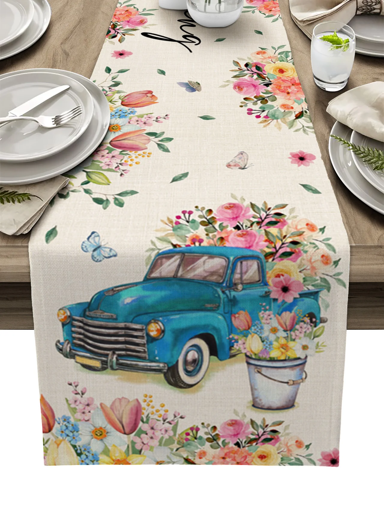

Spring Flower Truck Table Runner luxury Kitchen Dinner Table Cover Wedding Party Decor Cotton Linen Tablecloth