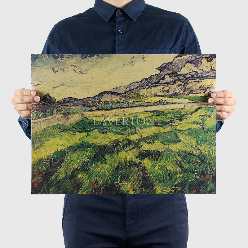 

Van Gogh Green wheat field - Retro Poster kraft Paper Prints Clear Image room Bar Home Art painting wall sticker 47*35cm