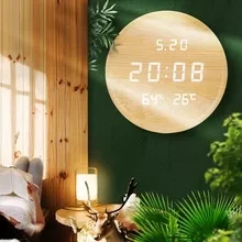 

Round LED Digital Clock Wood Grain and Linen Simple Style Creative Bedroom Silent Clock Simple Modern Household Fashion