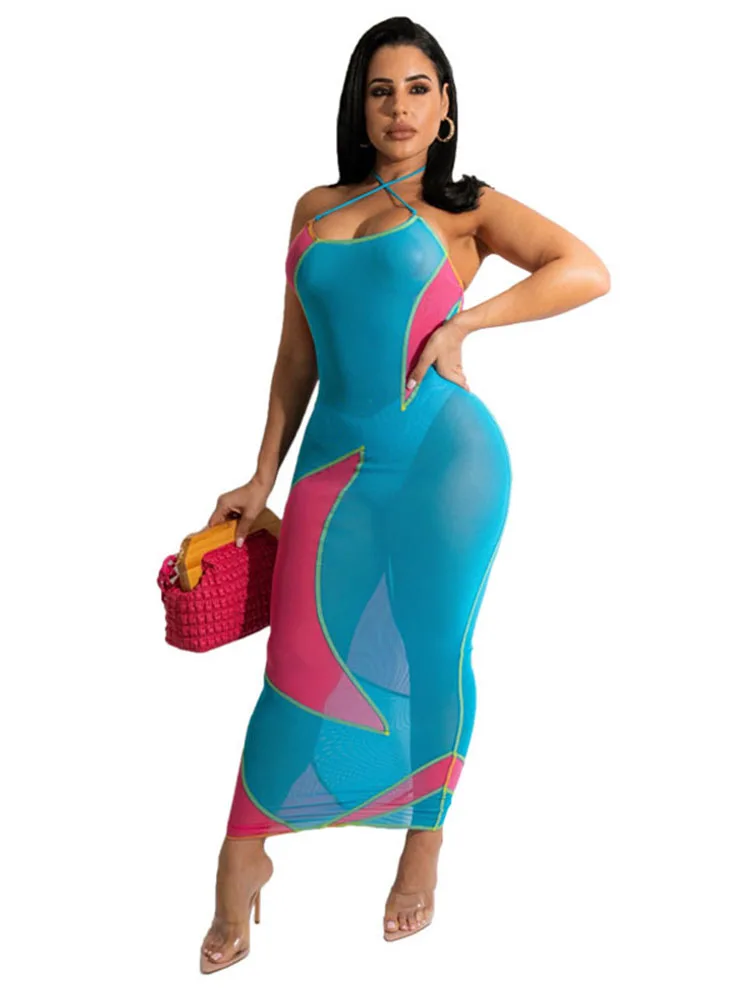 

Szkzk Color Block Mesh Bodycon Prom Maxi Dresses See Through Night Club Outfits Evening Gowns For Women Party Sexy Long Dress