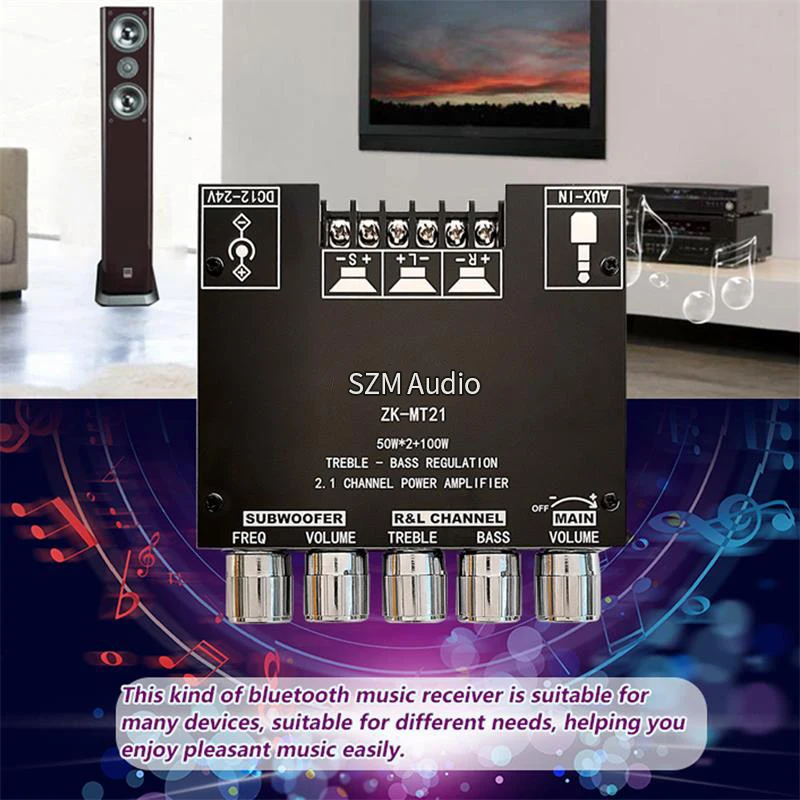 

ZK-MT21 2*50W+100W Power Subwoofer Bluetooth 5.0 Amplifier Board Sound Class D Home Theater Audio Stereo Equalizer AUX Amp
