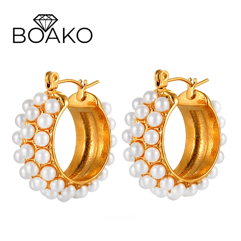 

BOAKO 316L Stainless Steel Luxury Small Hoop Earrings Vintage Delicate Imitation Pearls Gold Color Waterproof Earring Jewelry