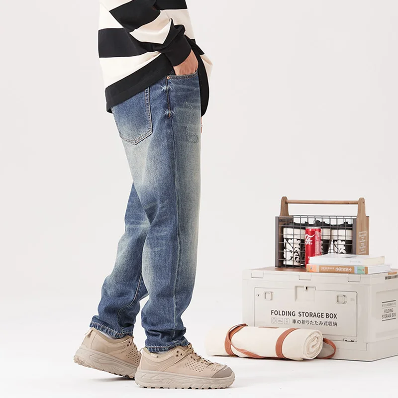 Men Clothing 2022 New Pattern Vintage Nostalgia Recreational Blue Pants Straight Cylinder Comfortable Loose Jeans Autumn Female