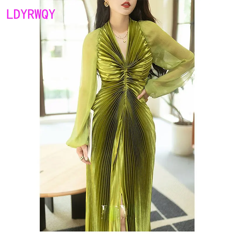 

Женское плиссированное платье с бабочками, тонкое платье с высокой талией и длинным рукавом, осень 2022