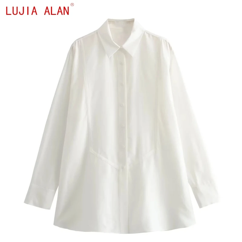 

Новая женская модная универсальная Свободная белая рубашка, женская блузка с длинным рукавом, повседневные топы с отложным воротником, LUJIA ALAN B2776