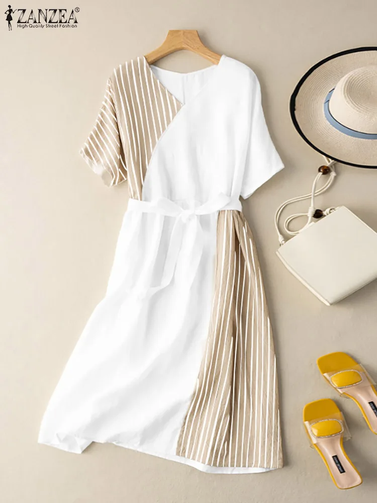 

Oversized 2022 Fashion Women Summer Short Sleeve Sundress ZANZEA Elegant Patchwork Striped Dresses Casual Solid V Neck Sundress