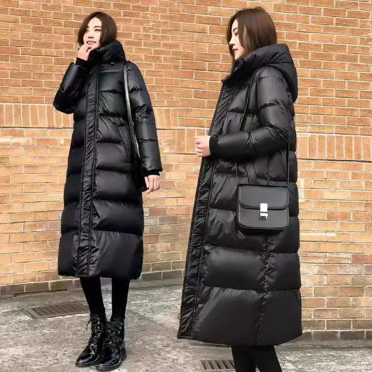 2022 New Glossy Black Down Jacket Long Coat, Knee-high Thickened Casual Loose Winter Cotton Coat Jacket