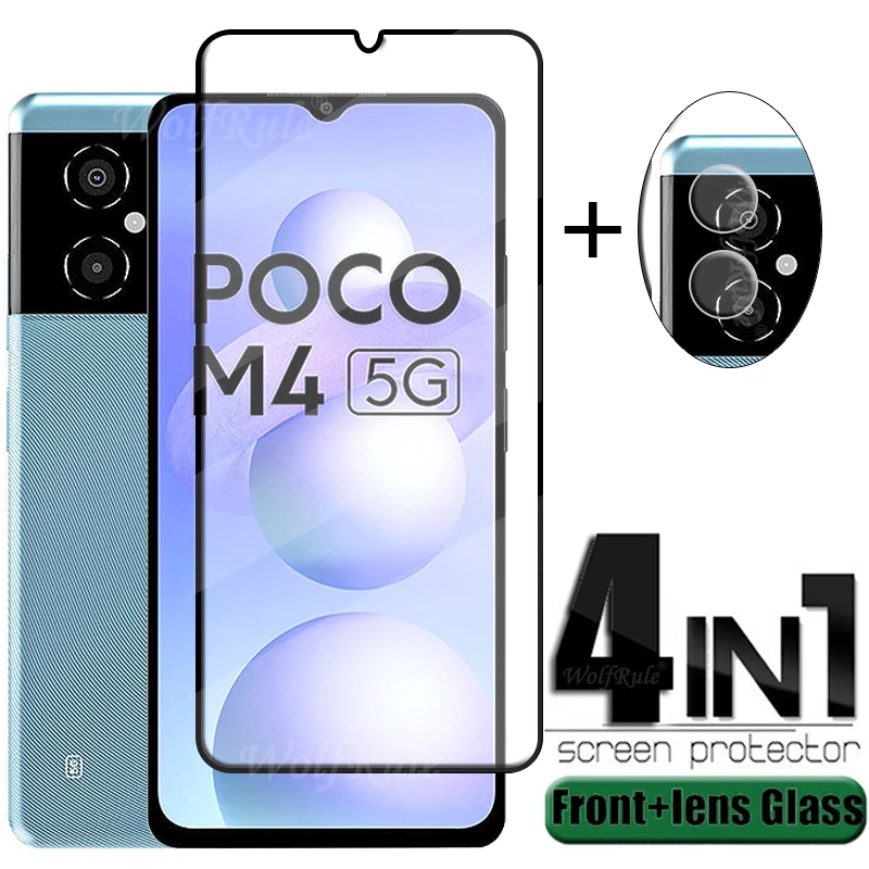 4-in-1 For Xiaomi Poco M4 5G Glass For Poco M4 Pro Tempered Glass 9H Full Glue Screen Protector For Poco M3 M4 Pro 5G Lens Glass