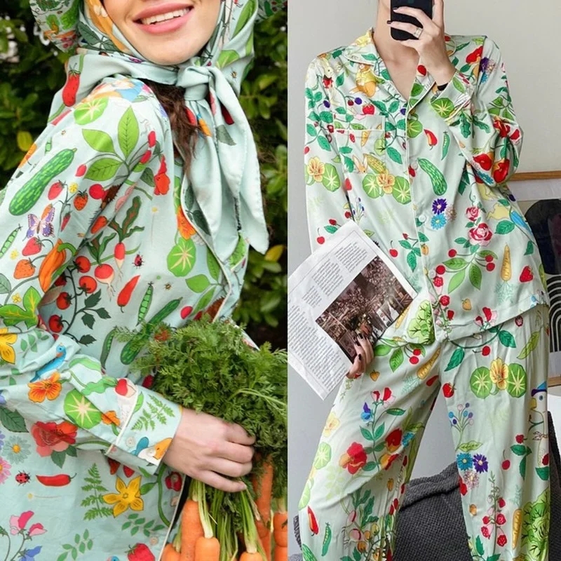 Luxury Designer Pajamas for Women Cartoon Peter Rabbit MR. Mcgregor's Garden Silk Pyjama Set Fashion Loungewear DropShipping