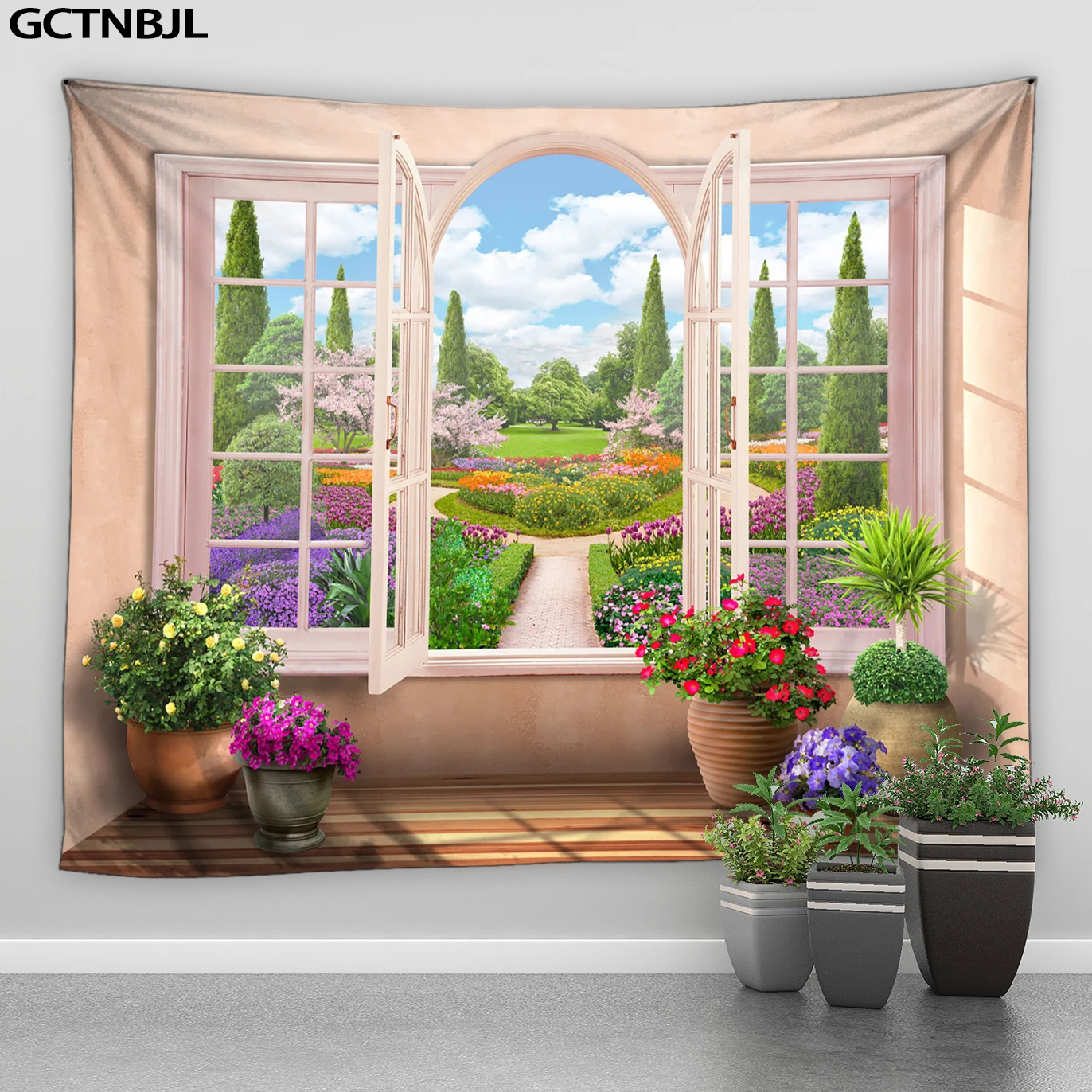 

Imitation Window Landscape Tapestry WALL Hanging Park Flower Tree Ocean Printing Tapestries Art Home Decoration Sea Sunrise Dorm