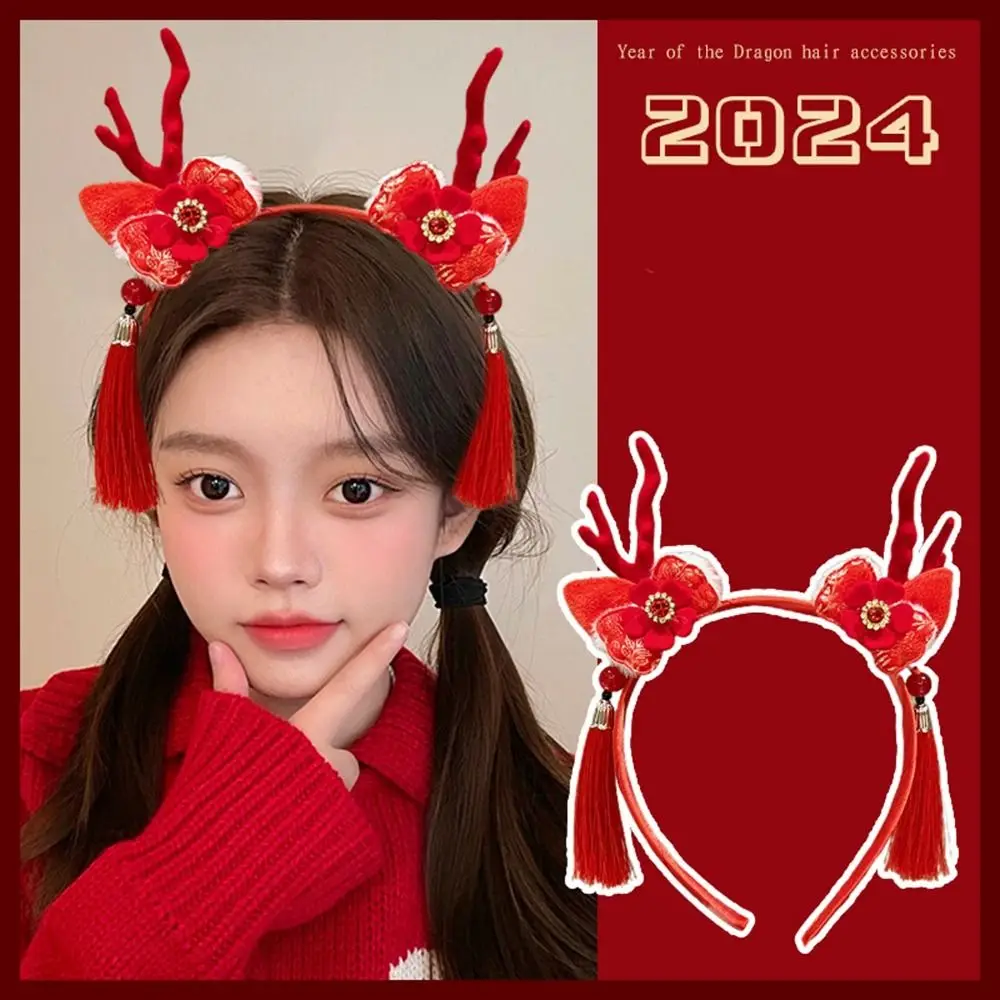 Красная повязка на голову 2024 с рогом дракона кисточка красная бантом новогодний