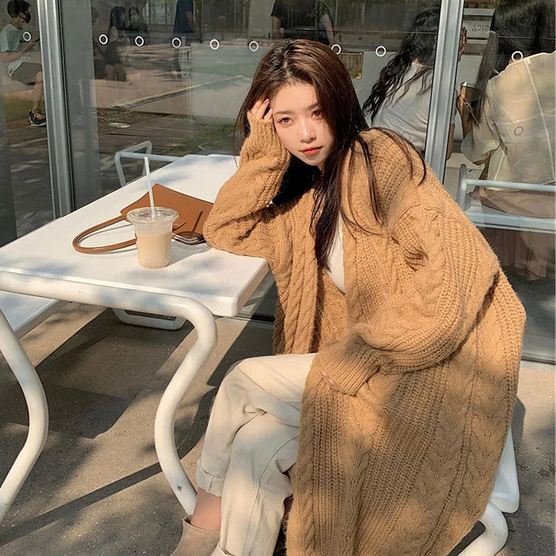 

Женский вязаный длинный кардиган, свободный Однотонный свитер с коротким воротником, на осень/зиму, 2022