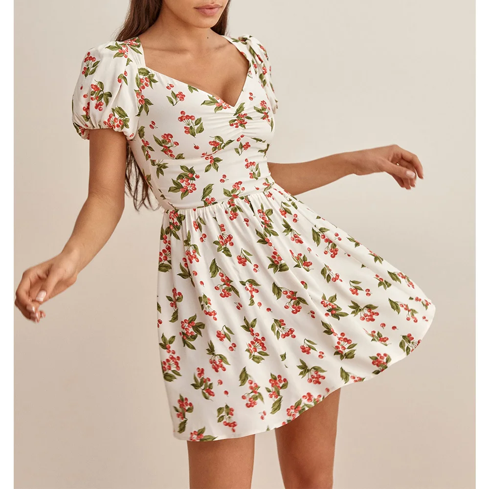 

Женское летнее платье с коротким рукавом-фонариком, с принтом вишни