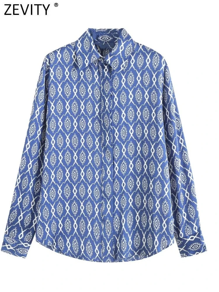 

Zevity Women Vintage Geometric Print Soft Satin Smock Blouse Female Long Sleeve Breasted Shirts Chic Chemise Blusas Tops LS3388