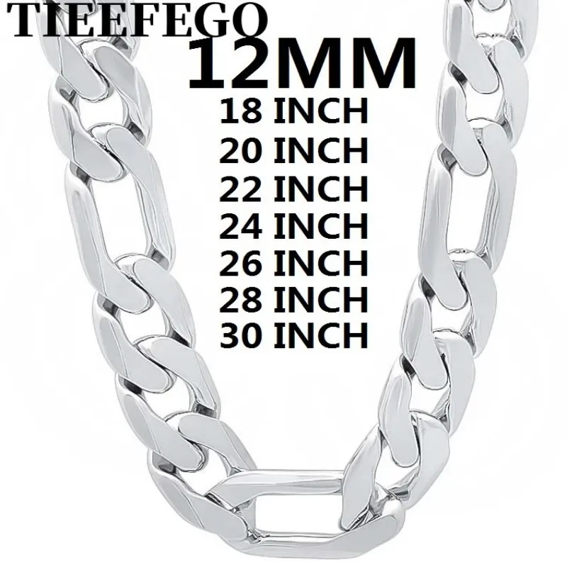 TIEEFEGO Solid 925 Silver  Necklace For Men Lassic 12MM Cuban Chain 18-30 Inch Charm High Quality Fashion Jewelry Wwedding