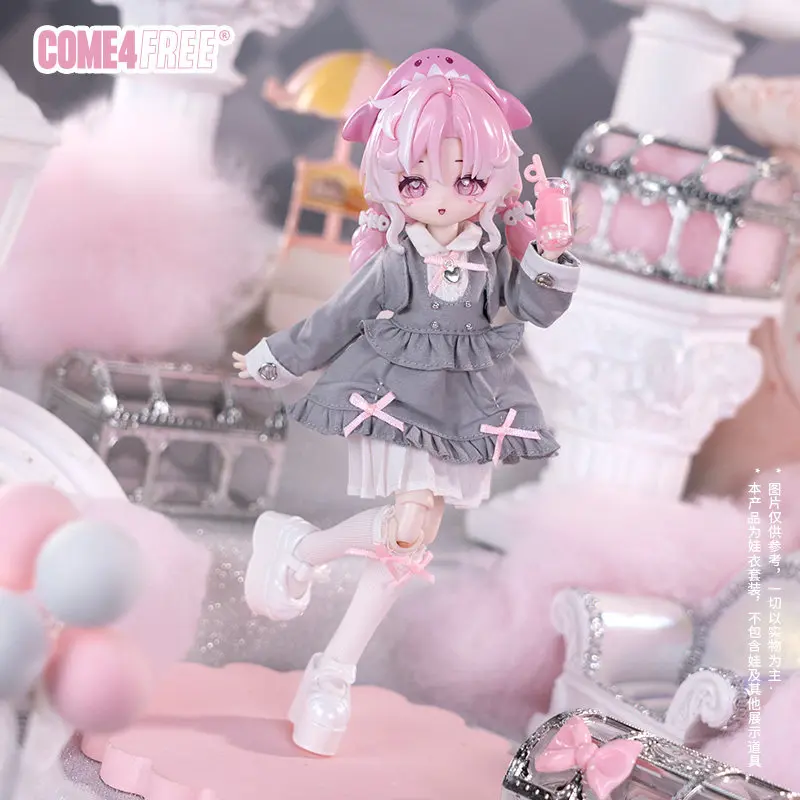 Фото Новый комплект одежды для куклы BJD 1/8 Come4free: милое серое платье, розовые носки с бантом, полный набор (только одежда, кукла не включена) №1