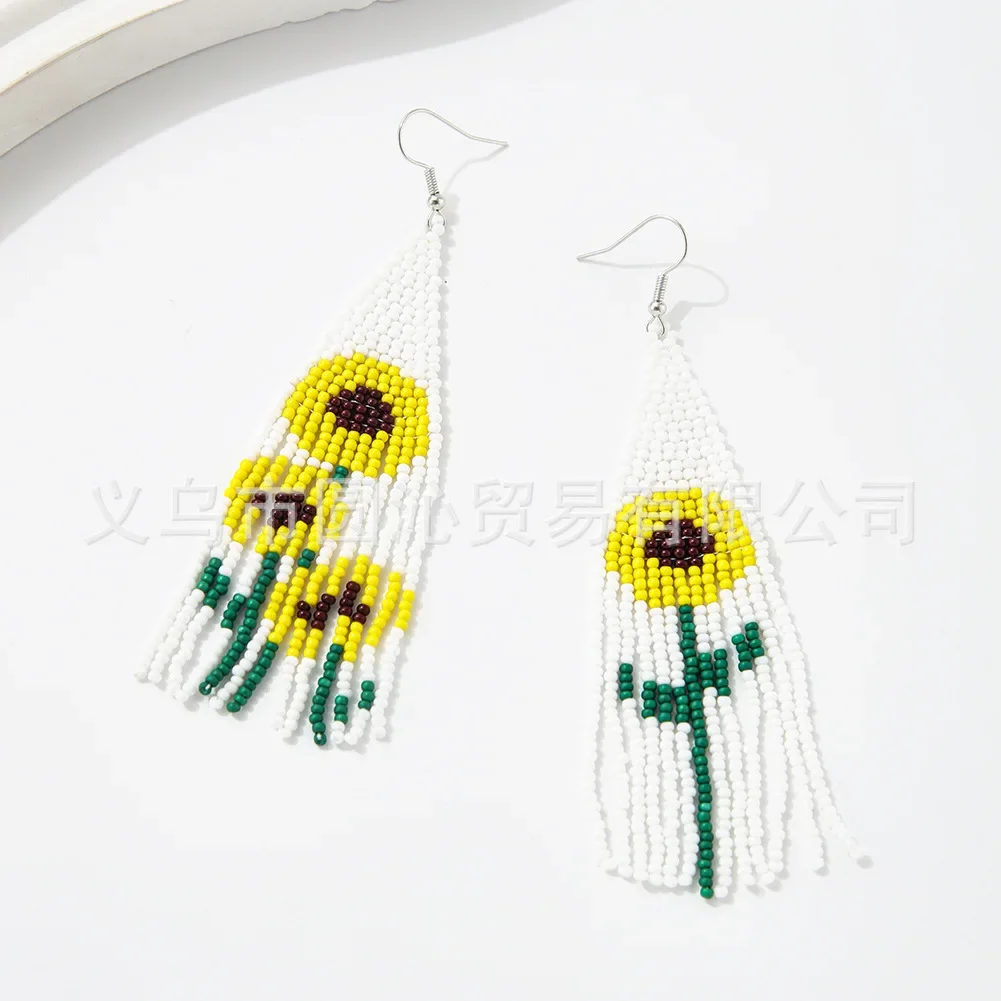 Серьги из бисера Кисточка Цветок подсолнуха Оригинальный дизайн Ручное вязание