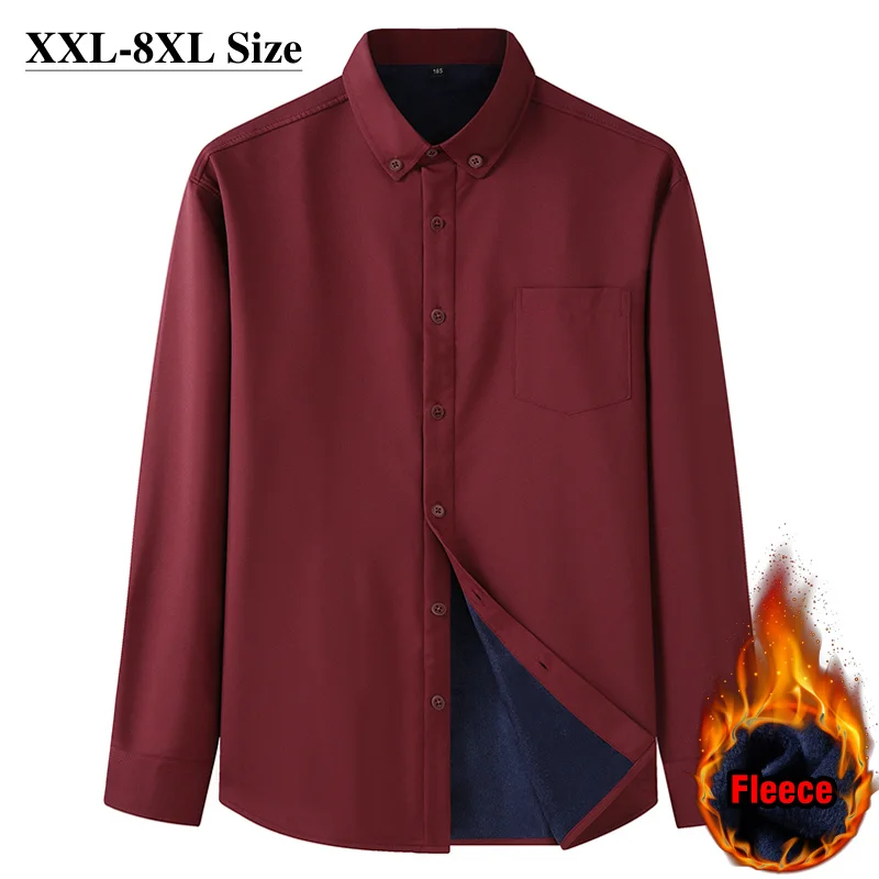 

10XL 8XL 7XL Oversized Men's Fleece Shirt Winter Warm Office Profession Solid Color Casual Long Sleeves Brand Clothes Plus Size