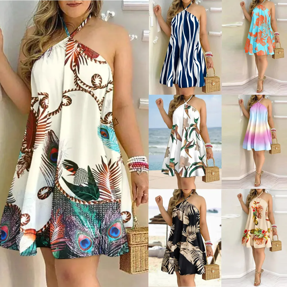 

Summer Ladies Sexy Off Shoulder Halter Strap Loose Dress 2023 New Ladies Fashion Peacock Print Sling Beach Dress Casual Vestidos