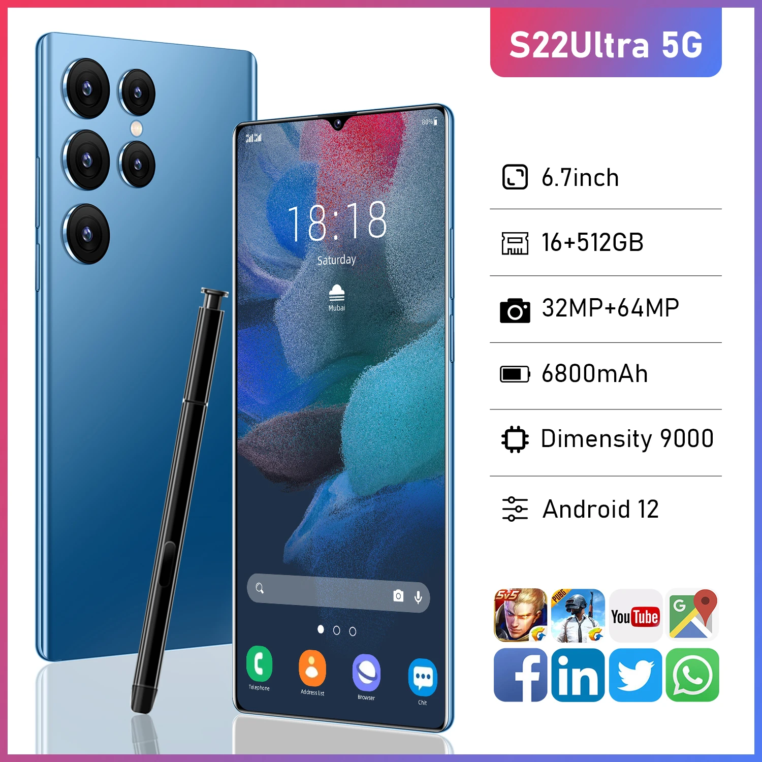 

S22 Ultra 6.7 Inch 16+512GB 32+64MP 6800mAh Dimensity 9000 Smartphones Face Fingerprint Unlock 10 Core 5G LTE Mobile Phone E Pen