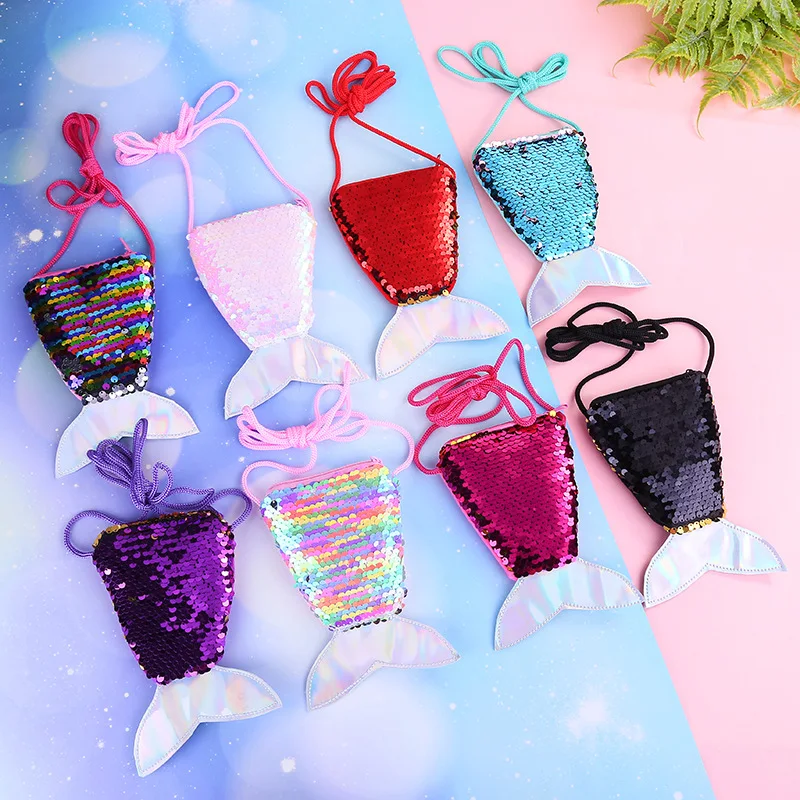 

2022 new mermaid tail diagonal bag creative children's one-shoulder sequined small satchel storage lanyard coin purse wholesale