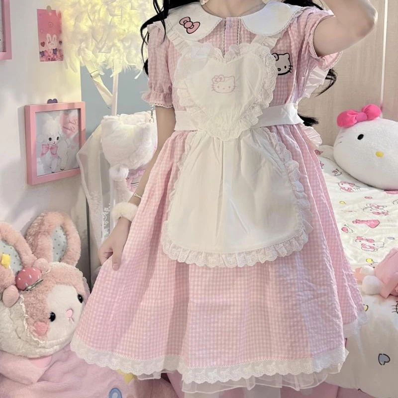 

Sanrio аниме мультфильм Kawaii Hello Kitty кукольный воротник клетчатое платье из двух частей милая Лолита Конфета девушки подарок на день рождения