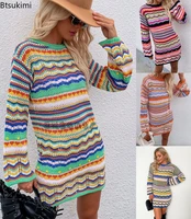 2022 womens colorful crochet mini sweater dress ladies casual long sleeve hollow out holiday beach short dresses vestidos woman