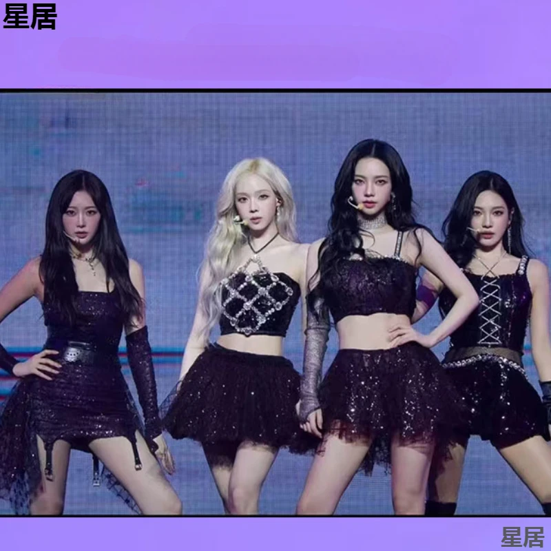 Новая женская группа Kpop сценические наряды сексуальные черные блестящие топы на