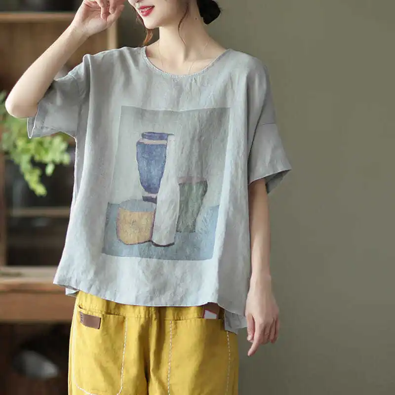 

Vintage Literary Painting Print Cotton Linen O Neck Oversized T Shirt Women Pullover Casual Loose Tshirts Summer Nationality Art