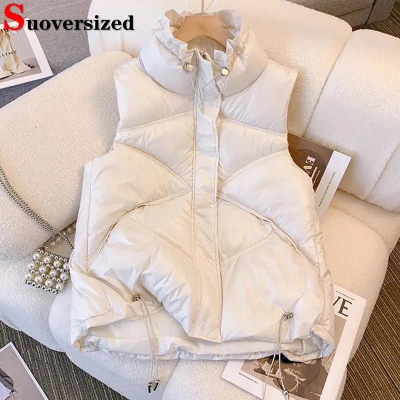 

Свободные теплые хлопковые жилеты, пальто, зимний толстый Повседневный жилет с воротником-стойкой, короткая Корейская парка без рукавов, женские Безразмерные жилеты