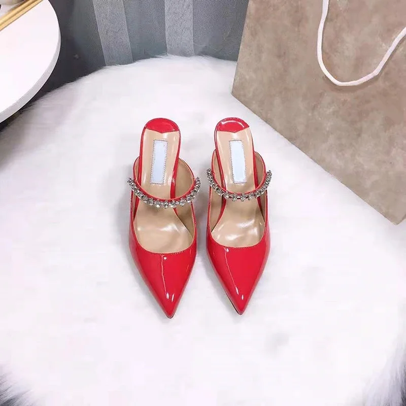 

Baotou slotted flat half slipper sandals women's spring and summer 2023 new pointed rhinestone high heels thin heels