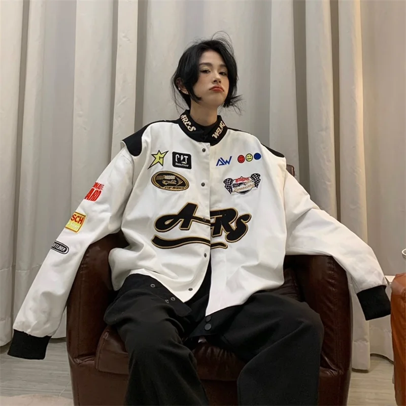 

Harajuku Style Embroidery Locomotive Coat Vintage Patch Full Sleeve Single-breasted Jacket Oversized Baseball Uniform Outerwear