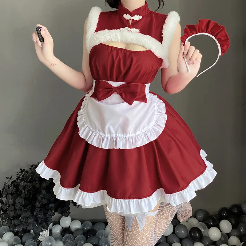 

Women Christmas Costume Lolita Bunny Girl Cosplay Uniform Full Set Red Sexy Dress Lady Santa Claus Kawaii Maid Outfit Role Play